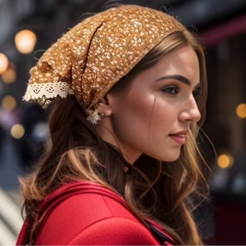 NEW ! 🍁🍂Boho Mustard Floral Lace Trim Headscarf